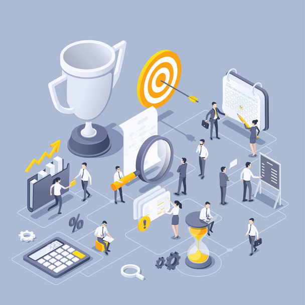 isometric vector illustration on gray background, people in business clothes work as a team, cup and target with arrow, financial data analysis and processing - Vecteur, image