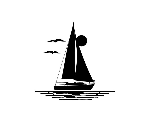 Illustrazione in bianco e nero di barca a vela isolata su sfondo bianco. Acqua, uccelli, sole, silhouette. Logo. - Vettoriali, immagini