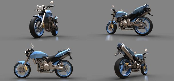 Ilustracja 3D. Niebieski miejski sport dwumiejscowy motocykl na szarym tle. - Zdjęcie, obraz