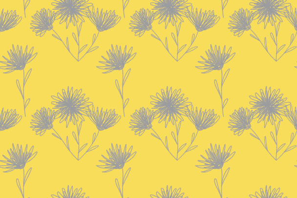 Gray abstract flowers on a thread on a yellow background color hand drawing seamless pattern for clothing print, wallpaper, design. - Foto, Imagem