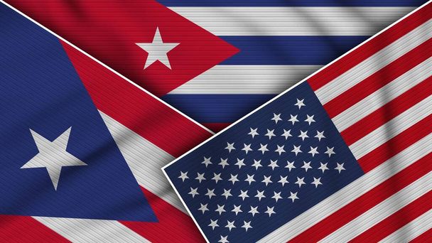 Cuba United States of America Puerto Rico Flags Together Fabric Texture Effect Illustration - Fotó, kép