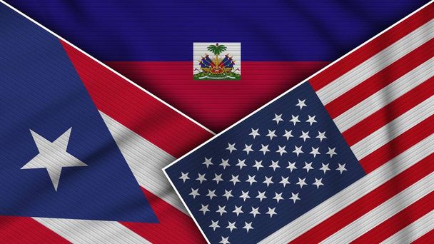 Haiti United States of America Puerto Rico Flags Together Fabric Texture Effect Illustration - Foto, imagen