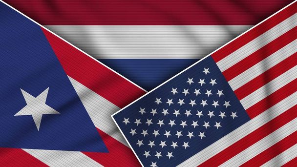 Netherlands United States of America Puerto Rico Flags Together Fabric Texture Effect Illustration - Φωτογραφία, εικόνα
