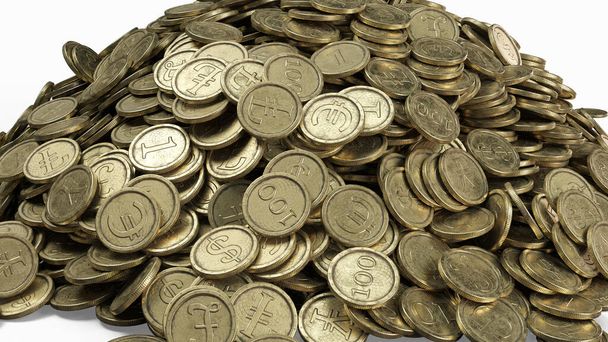 vecchie monete d'oro con diversi simboli di valuta. Illustrazione 3D, adatta a temi bancari, economici, finanziari e cripto-valutari. - Foto, immagini