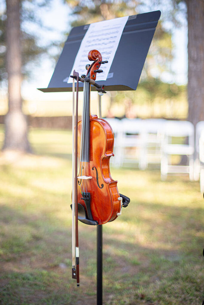 Κλασικό βιολί και μουσικό περίπτερο σε υπαίθρια γαμήλια τελετή στο  - Φωτογραφία, εικόνα