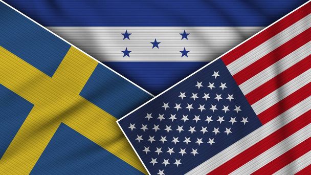 Honduras United States of America Sweden Flags Together Fabric Texture Effect Illustration - Photo, Image