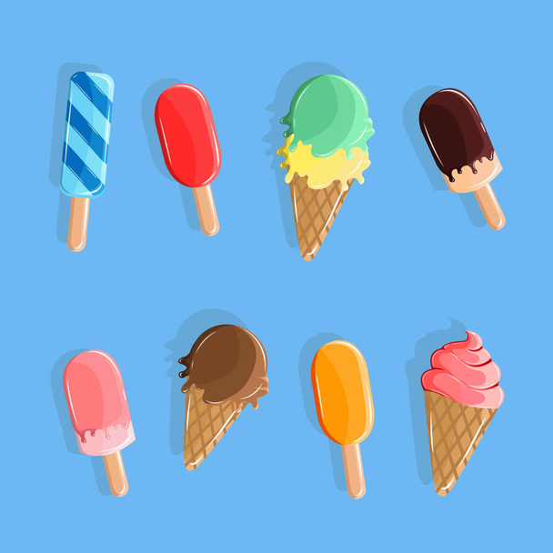 Ilustración vectorial de postre de helado. Fresa y paleta de naranja. Paleta de rayas azules. Chocolate y fresa glaseado helado. Cono de helado. - Vector, Imagen
