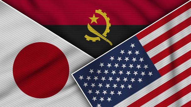 Angola United States of America Japan Flags Together Fabric Texture Effect Illustration - Photo, Image