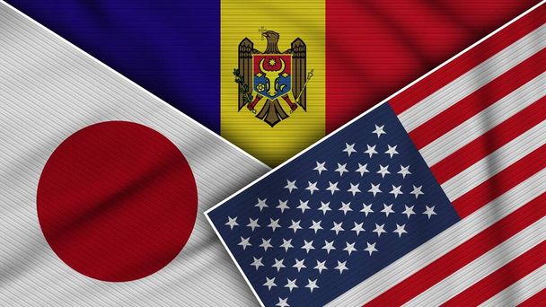 Moldova United States of America Japan Flags Together Fabric Texture Effect Illustration - Photo, Image