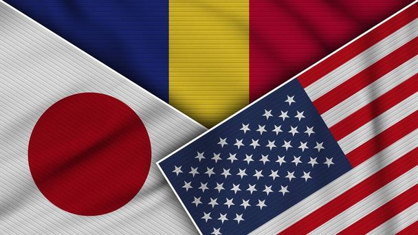 Romania United States of America Japan Flags Together Fabric Texture Effect Illustration - Photo, Image