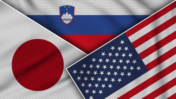 Slovenia United States of America Japan Flags Together Fabric Texture Effect Illustration - Photo, Image
