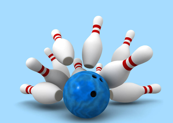 Bowling-Ball kracht in die Stifte, 3D-Illustration - Foto, Bild