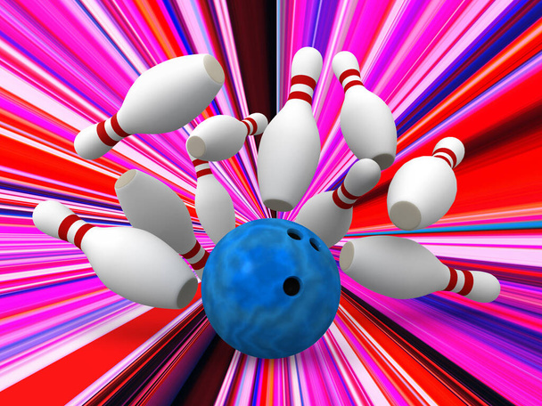 Bowling ball crashing into the pins, 3D illustration - Photo, Image