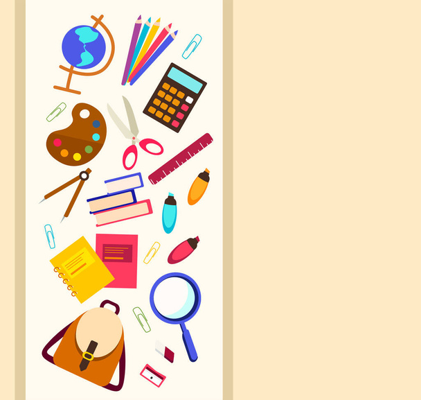 Ad banner Back to school Again on beige background.Sale poster with School Supplies Accessories element.Schooling Stationery tools and place for text. Promotion template.Office stationery.Illustration - Vetor, Imagem