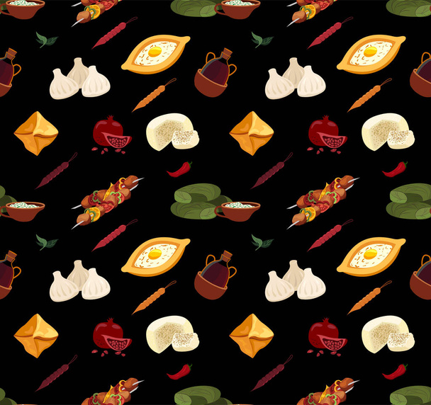 Georgische keuken Menu Naadloos Patroon Aziatisch Traditioneel eten Eindeloze achtergrond.Verschillende gerechten Textiel Print.Adjarian khachapuri, khinkali, shashlik, dolma.Flat Vector illustratie zwarte achtergrond - Vector, afbeelding