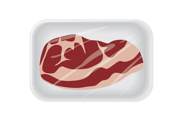 Vista dall'alto della bistecca di manzo cruda in confezione vassoio di plastica sottovuoto. Pezzo fresco di carne affettata. Design vettoriale e illustrativo - Vettoriali, immagini