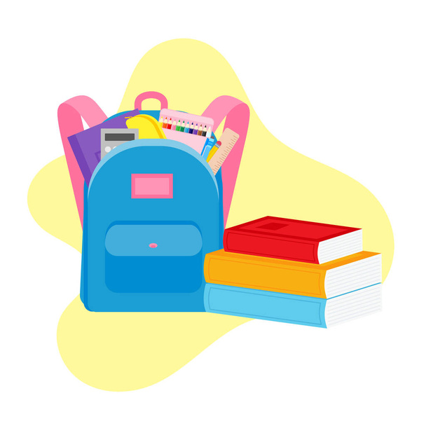 classroom school supplies stationery, pencil case, pen, pile of books, photorealistic literature,notebook, notebook textbook,school bag,Palettes and brushes in art,colored pencils. vector illustration - Vector, Image