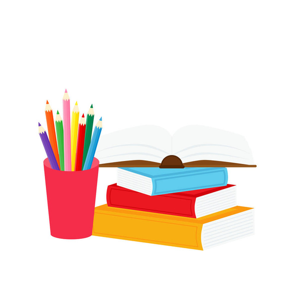 školní potřeby papírnictví, pouzdro na tužky, pero, hromada knih, fotorealistická literatura, notebook, učebnice, školní taška, palety a štětce v umění, barevné tužky. vektorová ilustrace - Vektor, obrázek