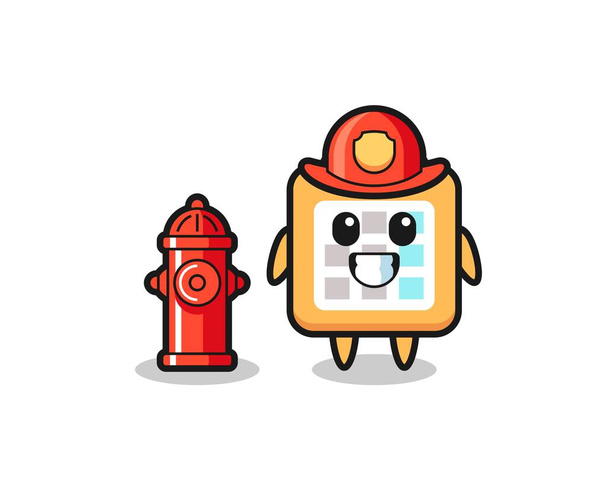 Personagem mascote do calendário como um bombeiro, design de estilo bonito para t-shirt, adesivo, elemento logotipo - Vetor, Imagem