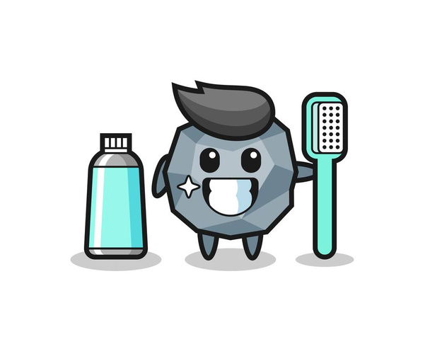 Mascote Ilustração de pedra com uma escova de dentes, design de estilo bonito para t-shirt, adesivo, elemento logotipo - Vetor, Imagem