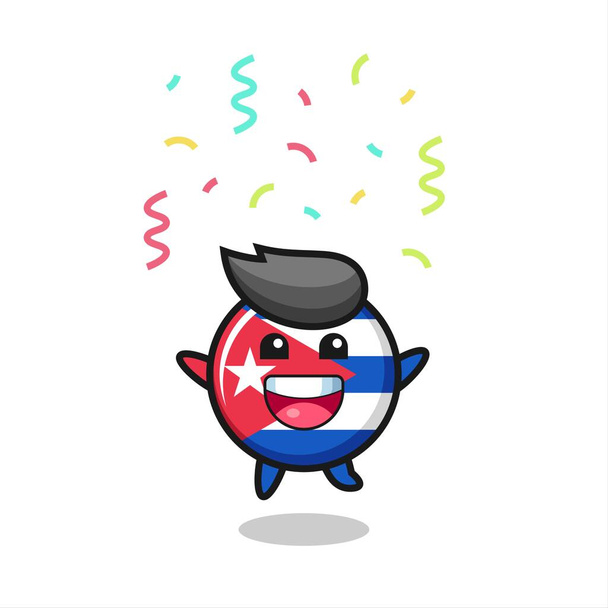 счастливая куба флаг талисман прыжки для поздравления с цветом конфетти, милый дизайн стиля для футболки, наклейки, элемент логотипа - Вектор,изображение