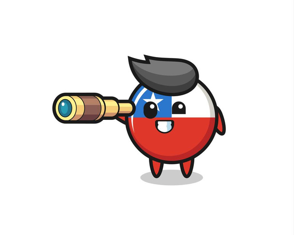 lindo personaje de la insignia de la bandera del chile está sosteniendo un viejo telescopio, lindo diseño de estilo para camiseta, pegatina, elemento de logotipo - Vector, Imagen