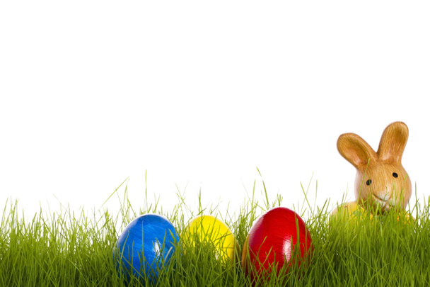 Pieni pääsiäispupu pääsiäismunien kanssa ruoholla valkoisella taustalla
 - Valokuva, kuva