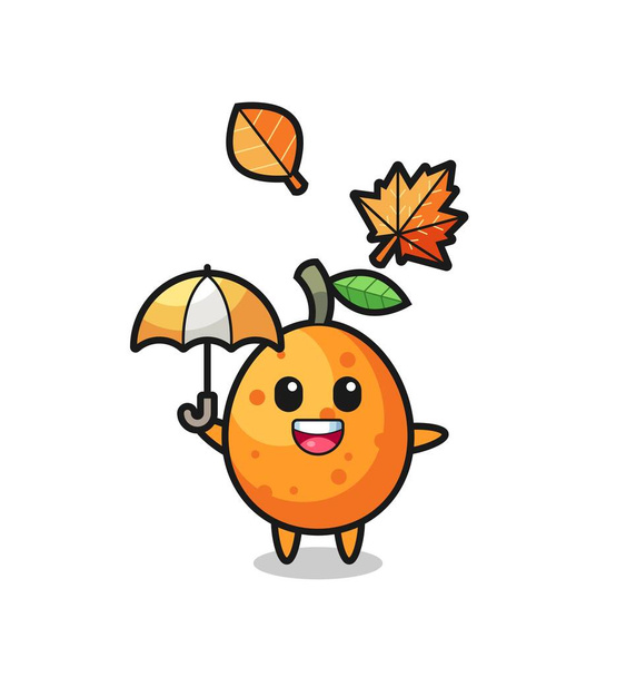 dessin animé du mignon kumquat tenant un parapluie en automne, conception de style mignon pour t-shirt, autocollant, élément de logo - Vecteur, image