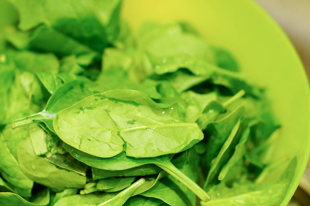 A closeup shot of green spinach in a bowl - Fotó, kép