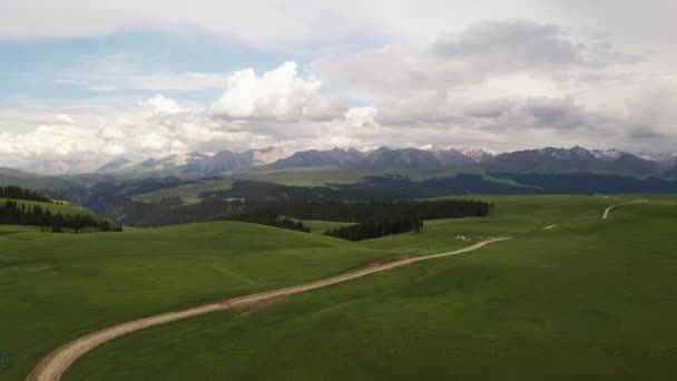 Mountain peaks and grassland are under white clouds. - Footage, Video