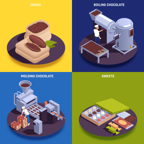 Concetto isometrico di fabbricazione di prodotti di cioccolato - Vettoriali, immagini