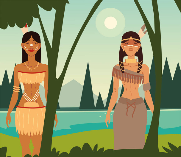 rdzenne kobiety w lesie - Wektor, obraz