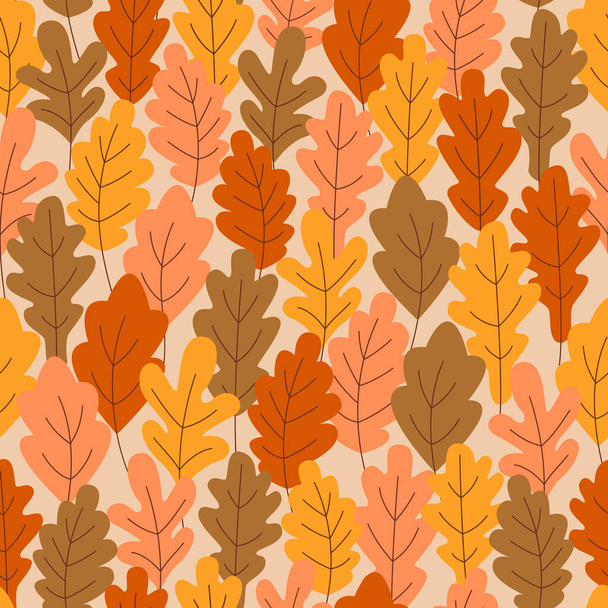 Seamless pattern of autumn oak leaves. Multi-colored foliage in the form of an autumn forest. Flat vector illustration.  - Vector, imagen