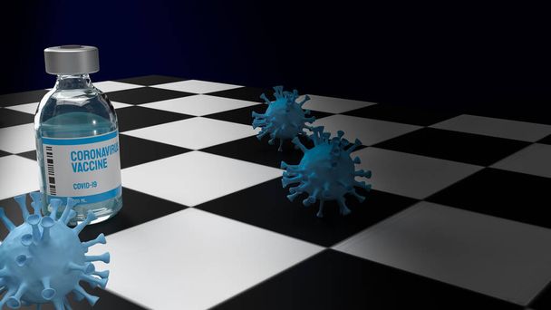 Vakcína a virus na šachovnici pro lékařské nebo sci-fi koncept 3d rendering - Fotografie, Obrázek