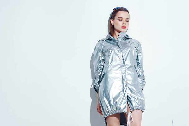 pretty woman silvery jackets party posing nightclub lifestyle - Valokuva, kuva