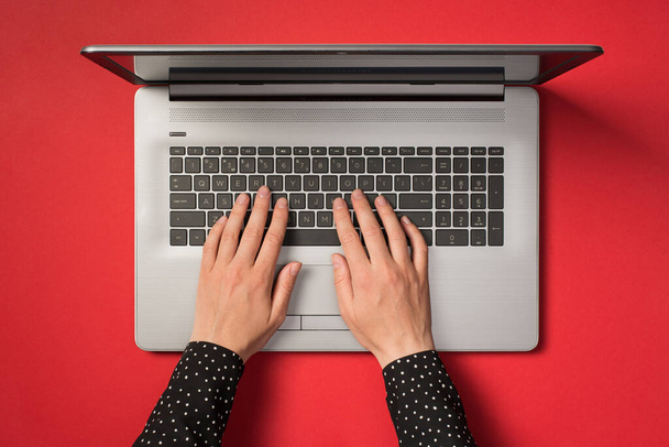 Від першої особи зверху фото рук, що друкуються на клавіатурі ноутбука на ізольованому червоному тлі
 - Фото, зображення