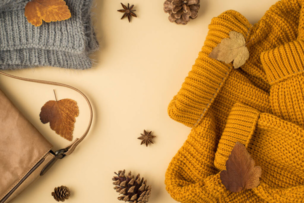 黄色のセーターグレーニットスカーフレザーハンドバッグ秋の茶色の葉のアニスと孤立した光ベージュの背景に松のコーンのトップビュー写真 - 写真・画像