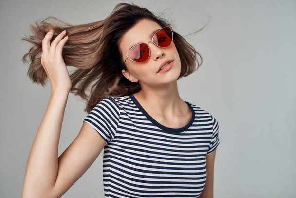 woman with fashionable hairstyle sunglasses posing fashion summer - Foto, Imagen