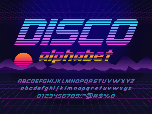 Retro futurisme sci-fi alfabet design met hoofdletters, kleine letters, cijfers en symbolen - Vector, afbeelding