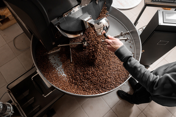 Νέος ειδικευμένος εργάτης ψήνει καφέ στο υπόστεγο. - Φωτογραφία, εικόνα