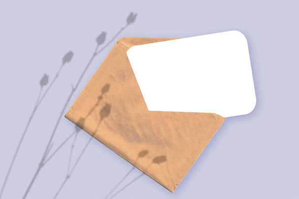Естественный свет отбрасывает тени от растения на конверт с белым листом бумаги, лежащим на фиолетовом текстурированном фоне. Mockup - Фото, изображение
