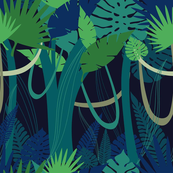 濃い緑と青の色で熱帯林のシームレスなベクトル植物パターンカラフルな抽象的なデザイン - ベクター画像