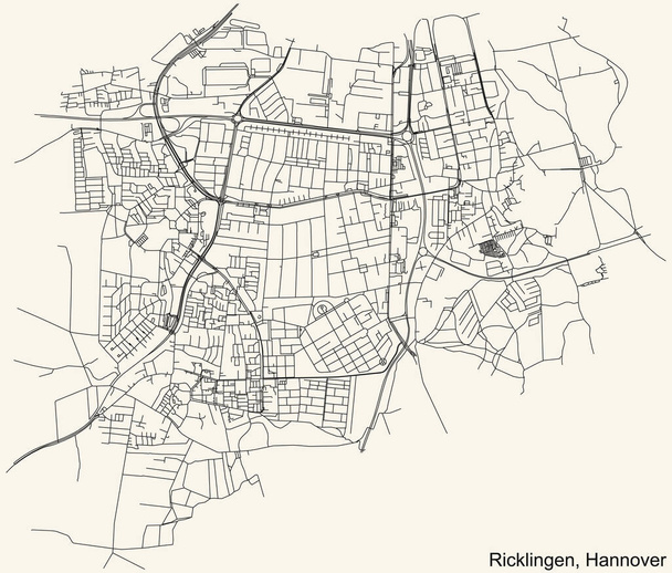 Czarna prosta szczegółowa mapa ulic na beżowym tle dzielnicy Ricklingen w Hanowerze, Niemcy - Wektor, obraz