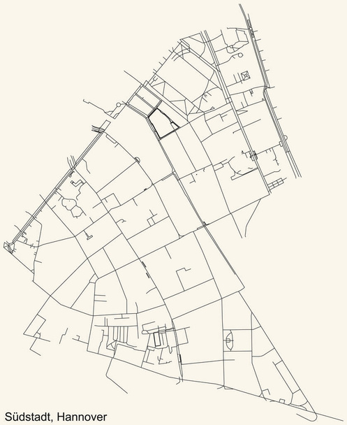 Carte routière noire simple et détaillée sur fond beige vintage du quartier Sdstadt arrondissement de Hanovre, Allemagne - Vecteur, image