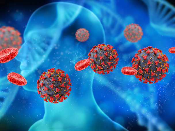 3D weergave van een medische achtergrond met Covid 19 viruscellen en bloedcellen met mannelijke figuur op de achtergrond - Foto, afbeelding