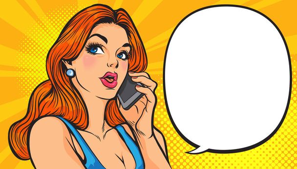 woman talking on the smartphone. Pop art retro comicsexy girl with phone in the hand in comic style. Pop art woman holding smartphone. - Vector, Image