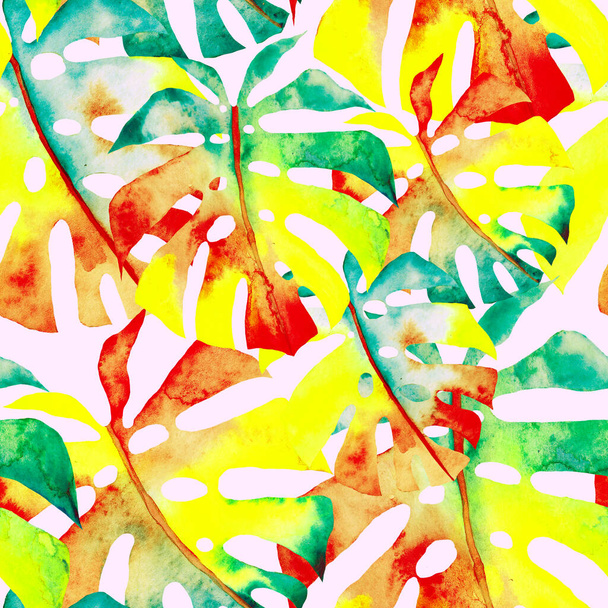 Watercolor seamless pattern with colorful abstract tropical leaves. Bright summer print with exotic plants. Creative trendy botanical textile design. - Photo, Image