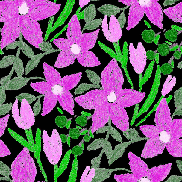 Kreatywny bezszwowy wzór z abstrakcyjnymi kwiatami rysowanymi kredkami woskowymi. Jasne kolorowe kwiatowe nadruki. - Zdjęcie, obraz