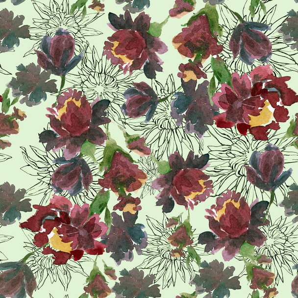 watercolor illustration seamless pattern bright peonies on a blue background,contour of flowers,for wallpaper or fabric and furniture - Foto, immagini