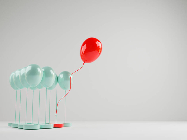 Palloncino rosso galleggiante fuori da palloncini blu che sono legati su sfondo bianco, Prestazioni eccezionali dalla folla per il pensiero diverso, interruzione e leadership di rendering 3D. - Foto, immagini